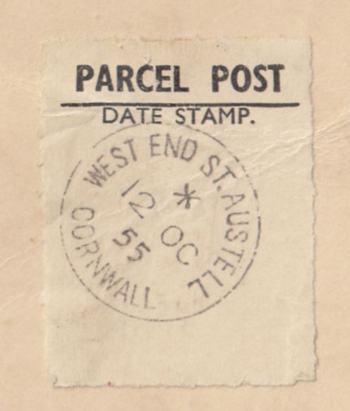 144457 1955 PARCEL TAG ST. AUSTELL, CORNWALL TO SOUTH BRENT, DEVON 1/3d WILDING.