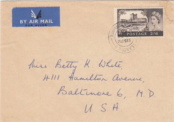 144458 1960 AIRMAIL LLANDEILO, CARMARTHENSHIRE TO U.S.A. 2/6 CASTLE.