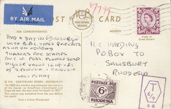 144459 1967 MAIL BERWICK ON TWEED, NORTHUMBERLAND TO RHODESIA, 6d SCOTTISH REGIONAL, POSTAGE UNDERPAID.