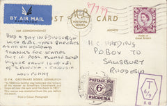 144459 1967 MAIL BERWICK ON TWEED, NORTHUMBERLAND TO RHODESIA, 6d SCOTTISH REGIONAL, POSTAGE UNDERPAID.