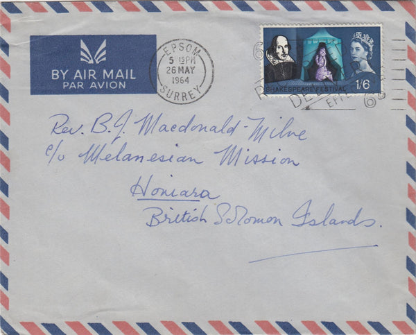 144462 1964 AIRMAIL SURREY TO HONIARA, BRITISH SOLOMON ISLANDS 1/6 SHAKESPEARE (SG649).