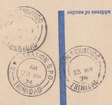 144465 1974 REGISTERED AIRMAIL LONDON TO SAN FERNANDO, TRINIDAD, WEST INDIES.