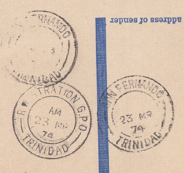 144465 1974 REGISTERED AIRMAIL LONDON TO SAN FERNANDO, TRINIDAD, WEST INDIES.
