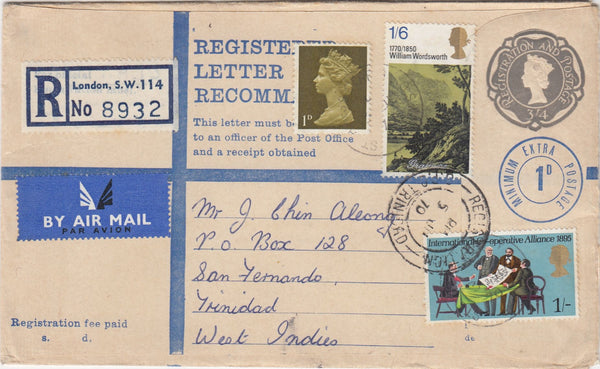 144470 1970 REGISTERED AIRMAIL LONDON TO SAN FERNANDO, TRINIDAD, WEST INDIES.
