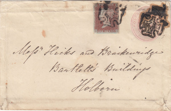 144472 1841 1d PINK ENVELOPE USED IN LONDON UPRATED 1d RED PL.1b (SG7)(OD).