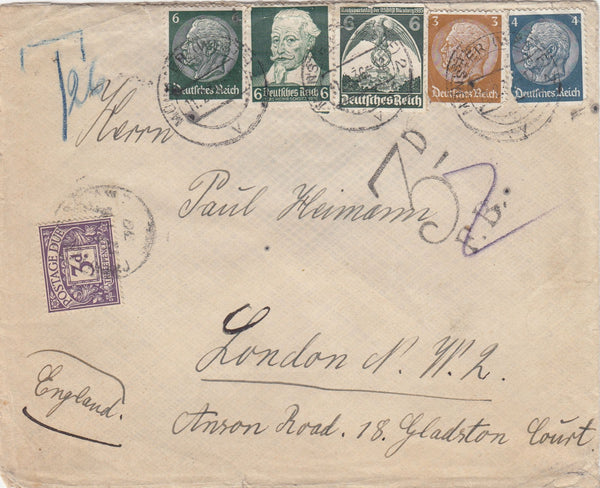 144474 1936 UNDERPAID MAIL GERMANY TO LONDON 3d POSTAGE DUE.