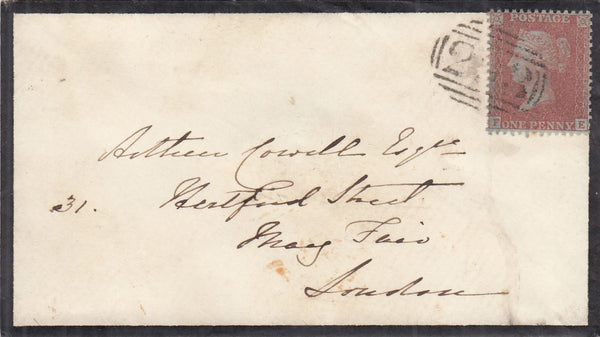144475 1856 MOURNING ENVELOPE FARRINGDON, BERKS TO LONDON DIE 2 1d PL.24 WATERMARK SMALL CROWN (SPEC C7)(FE).