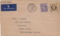 144477 1947 AIRMAIL BIRMINGHAM TO SAINT LUCIA, BRITISH WEST INDIES KGVI 3d AND 1s.