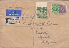 144478 1949 REGISTERED AIRMAIL LONDON TO ENTEBBE, UGANDA, EAST AFRICA KGVI 3d, 7d AND 2/6 YELLOW-GREEN (SG476b).