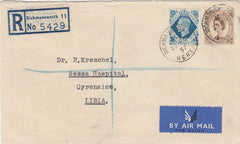 144481 1957 REGISTERED AIRMAIL RICKMANSWORTH, HERTS TO CYRENAICA, LIBYA KGVI 10d and QEII 5d WILDING.