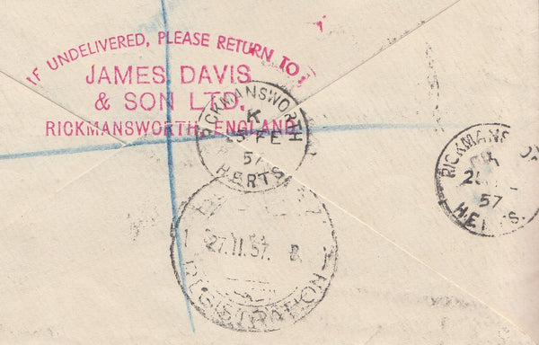 144481 1957 REGISTERED AIRMAIL RICKMANSWORTH, HERTS TO CYRENAICA, LIBYA KGVI 10d and QEII 5d WILDING.