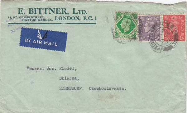 144482 1946 AIRMAIL LONDON TO ROHRSDORF, CZECHOSLOVAKIA KGV1 1d, 3d and 7d.