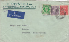 144482 1946 AIRMAIL LONDON TO ROHRSDORF, CZECHOSLOVAKIA KGV1 1d, 3d and 7d.