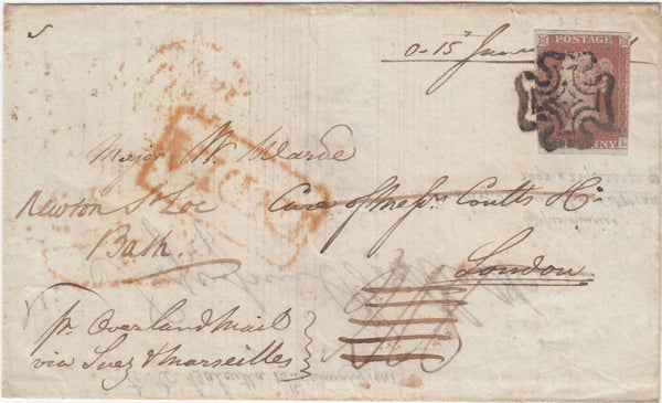144484 1841 MAIL CALCUTTA TO LONDON 1d RED PL.5 (SG7) APPLIED IN U.K., REDIRECTED TO BATH.