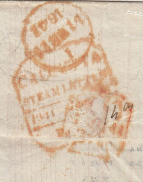 144484 1841 MAIL CALCUTTA TO LONDON 1d RED PL.5 (SG7) APPLIED IN U.K., REDIRECTED TO BATH.