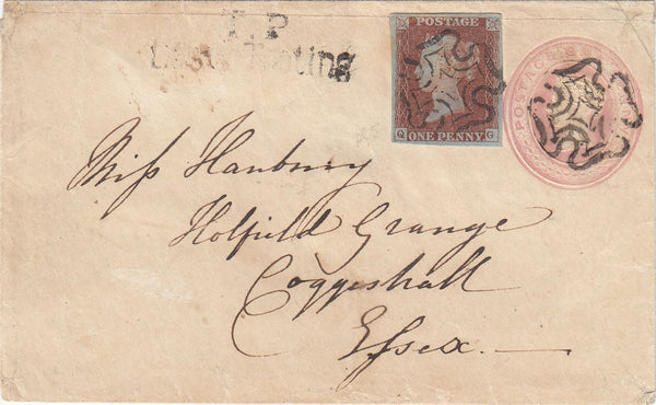 144485 1841 PENNY PINK ENVELOPE LONDON TO COGGESHALL, ESSEX UPRATED 1d RED (SG8)(QG).