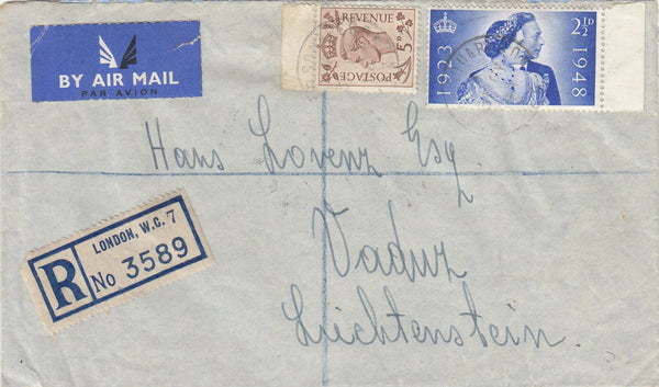 144486 1948 REGISTERED AIRMAIL LONDON TO VADUZ, LIECHTENSTEIN KGVI 5d AND 2½d ROYAL SILVER WEDDING.