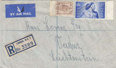 144486 1948 REGISTERED AIRMAIL LONDON TO VADUZ, LIECHTENSTEIN KGVI 5d AND 2½d ROYAL SILVER WEDDING.