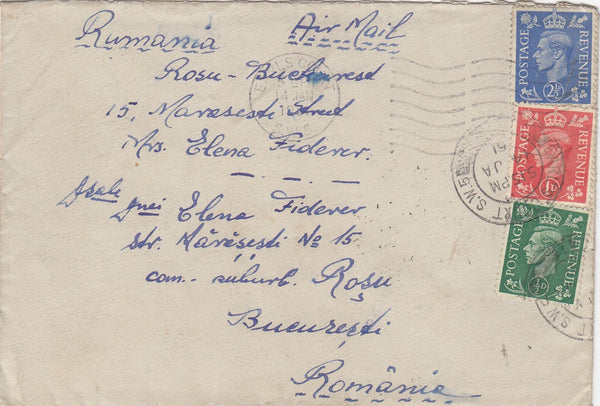 144488 1951 AIRMAIL LIVERPOOL TO BUCHAREST, ROMANIA KGVI ½d, 1d AND 2½d.