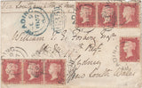 144489 1857 MAIL READING, BERKS TO SYDNEY, NEW SOUTH WALES DIE 2 1d PL.45 (SG40) x SEVEN WITH 'READING/635' SIDEWAYS DUPLEX CANCELLATIONS IN BLUE AND BLACK.