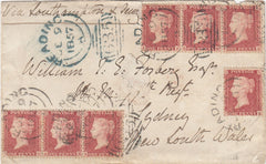 144489 1857 MAIL READING, BERKS TO SYDNEY, NEW SOUTH WALES DIE 2 1d PL.45 (SG40) x SEVEN WITH 'READING/635' SIDEWAYS DUPLEX CANCELLATIONS IN BLUE AND BLACK.