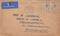 144493 1939 AIRMAIL EDINBURGH TO MADAGASCAR KGVI 5d x TWO.