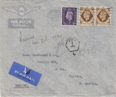 144494 1939 UNDERPAID AIRMAIL BIRMINGHAM TO LA PAZ, BOLIVIA KGVI 3d (SG467) AND 1s (SG475) X TWO.