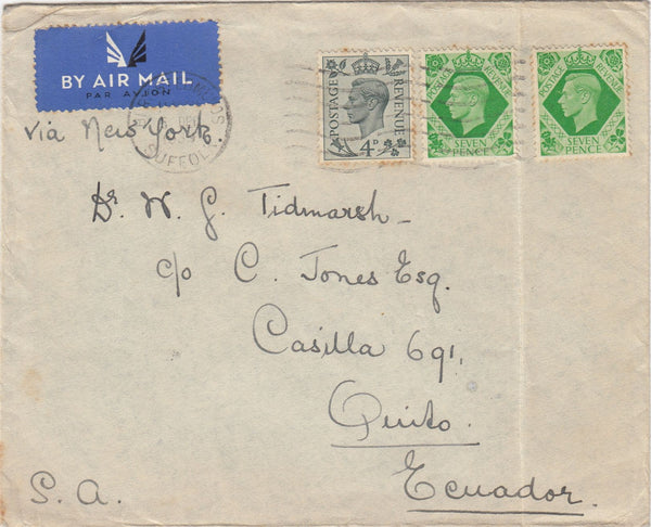 144495 1939 AIRMAIL BURY ST EDMUNDS, SUFFOLK TO QUITO, ECUADOR KGV1 4d AND 7d x TWO.