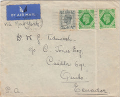 144495 1939 AIRMAIL BURY ST EDMUNDS, SUFFOLK TO QUITO, ECUADOR KGV1 4d AND 7d x TWO.