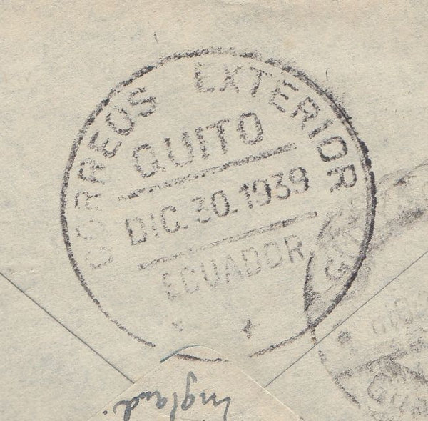 144495 1939 AIRMAIL BURY ST EDMUNDS, SUFFOLK TO QUITO, ECUADOR KGV1 4d AND 7d x TWO.