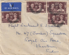 144497 1937 AIRMAIL BECKENHAM, KENT TO KHARTOUM, SUDAN KGVI 1½d CORONATION (SG461) x FOUR.