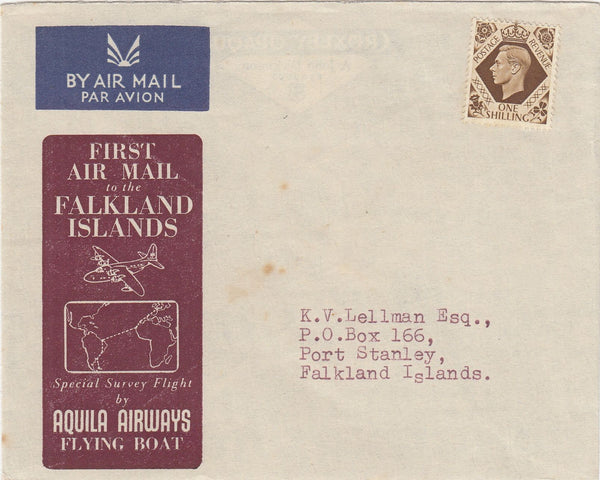 144498 1952 AIRMAIL U.K. TO FALKLAND ISLANDS KGVI 1s (SG475).