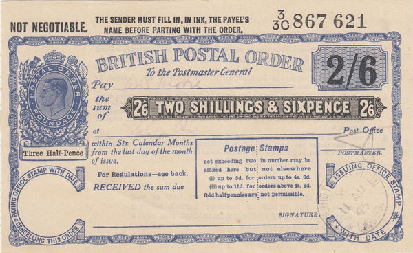 144499 1945 KGVI 2/6 'BRITISH POSTAL ORDER' CANCELLED 'BEDLINGTON STATION/NTHBD'.