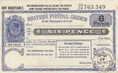 144500 1947 KGVI 6d 'BRITISH POSTAL ORDER' CANCELLED 'BEDLINGTON STATION/NTHBD' .