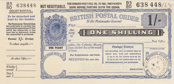 144501 1948 KGVI 1/- 'BRITISH POSTAL ORDER' CANCELLED 'WATERLOO STATION'.