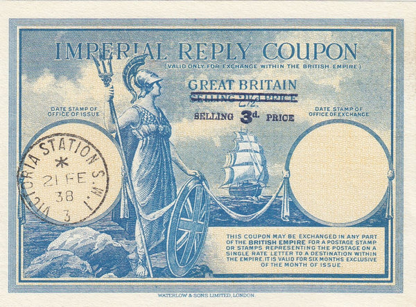 144502 1938 KGVI 3d  'IMPERIAL REPLY COUPON' CANCELLED 'VICTORIA STATION'.
