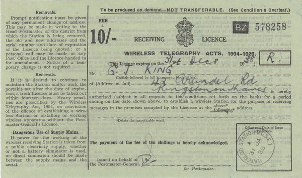 144503 1938 KGVI '10/- RECEIVING LICENCE/WIRELESS TELEGRAPHY' CANCELLED 'WATERLOO STATION'.