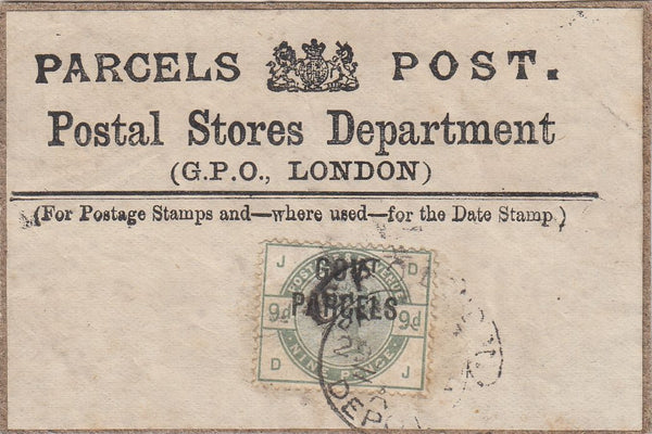 144504 1883-1885 FIRST TYPE 'PARCELS/ARMS/POST.' LABEL 'Postal Stores Department' with 9d GREEN (SG195) 'GOVT PARCELS' OVERPRINT (SGO63).