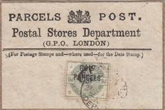 144504 1883-1885 FIRST TYPE 'PARCELS/ARMS/POST.' LABEL 'Postal Stores Department' with 9d GREEN (SG195) 'GOVT PARCELS' OVERPRINT (SGO63).