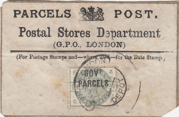 144505 1883-1885 FIRST TYPE 'PARCELS/ARMS/POST.' LABEL 'Postal Stores Department' WITH 9d GREEN (SG195) 'GOVT PARCELS' OVERPRINT (SG063).