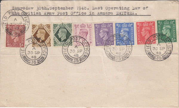 144510 1948 ENVELOPE VARIOUS KGVI ISSUES ½d-1s (8) 'FIELD POST OFFICE/35' CANCELLATIONS, LAST DAY OF USE.
