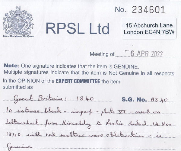 144513 1840 MAIL KIRKCALDY TO LESLIE 1d INTENSE BLACK PL.6 (SG1)(JB).