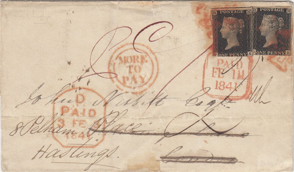 144514 1841 MAIL KILLESHANDRA, CO CAVAN, IRELAND TO LONDON, POSTAGE PART PAID CASH REDIRECTED TO HASTINGS 1d BLACKS PL.2 AND PL.7.