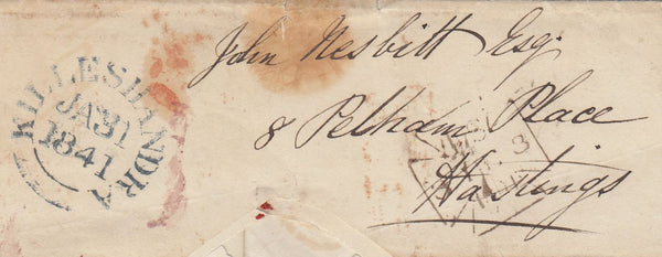 144514 1841 MAIL KILLESHANDRA, CO CAVAN, IRELAND TO LONDON, POSTAGE PART PAID CASH REDIRECTED TO HASTINGS 1d BLACKS PL.2 AND PL.7.