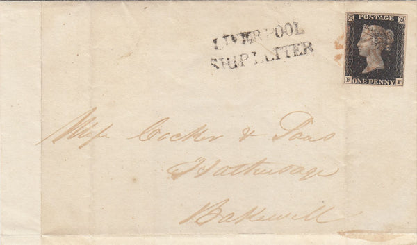 144516 1840? WRAPPER TO HATHERSAGE, BAKEWELL, DERBYS 1d BLACK PL.6 (SG2)(FF) ON FRONT 'LIVERPOOL/SHIP LETTER' HANDSTAMP.
