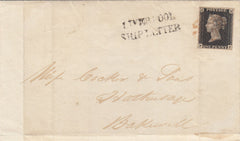 144516 1840? WRAPPER TO HATHERSAGE, BAKEWELL, DERBYS 1d BLACK PL.6 (SG2)(FF) ON FRONT 'LIVERPOOL/SHIP LETTER' HANDSTAMP.