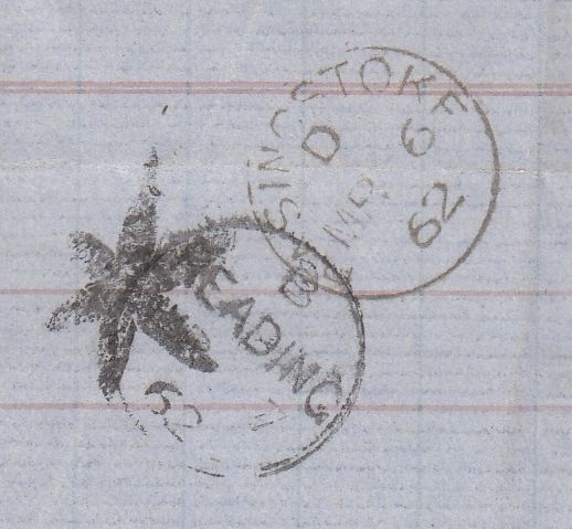 144518 1862 MAIL BASINGSTOKE, HANTS TO READING 1d (SG40), ON REVERSE SOLID STAR SHAPED INSPECTOR'S MARK, WITHIN 1d PURPLE POSTAL FISCAL.
