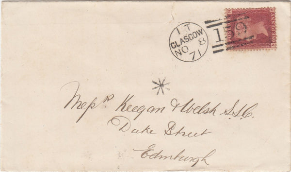 144519 1871 MAIL GLASGOW TO EDINBURGH 1d PL.121 (SG43), VERY FINE INSPECTOR'S MARK.
