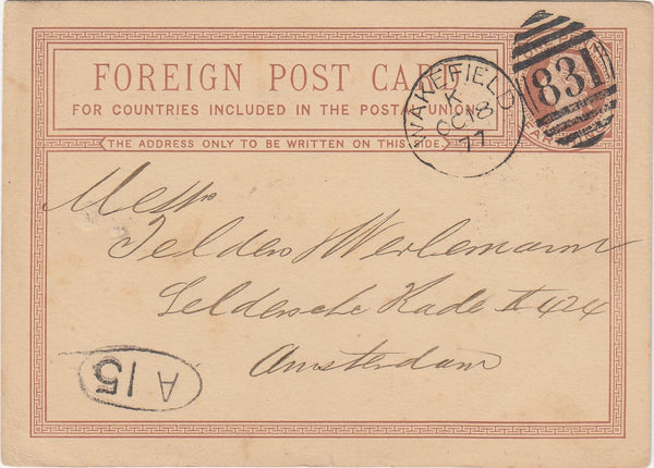 144520 1877 QV 1 ¼d 'FOREIGN POST CARD' WAKEFIELD TO AMSTERDAM.