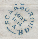 144523 1844 PRINTED INSURANCE POLICY LONDON TO SCARBOROUGH 1d (SG8) LONDON CANCELLATION REDIRECTED TO FILEY '693' NUMERAL OF SCARBOROUGH.